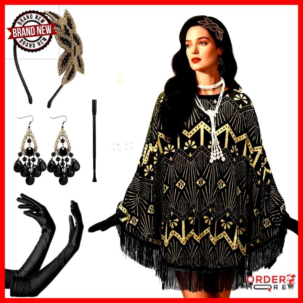 1920s Flapper Costume Accessories Set with Poncho Earrings Headband
